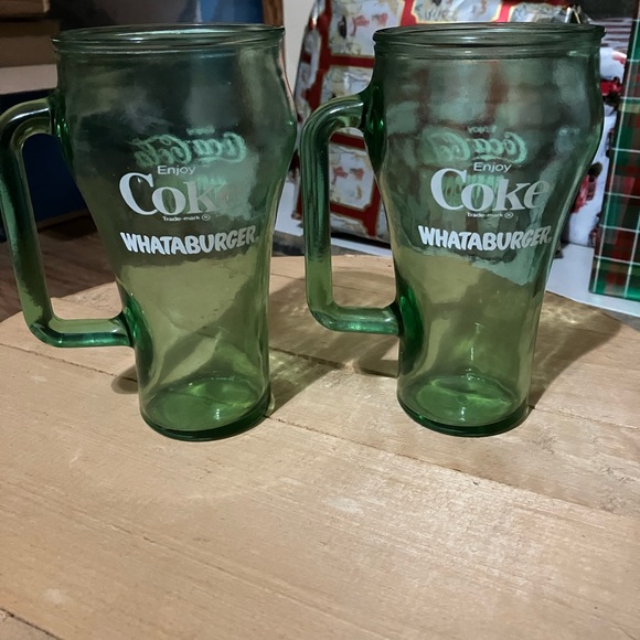 Vintage Set of 2 Coca-Cola Whataburger Cowboy Green Glass Mugs - Picture 1 of 7